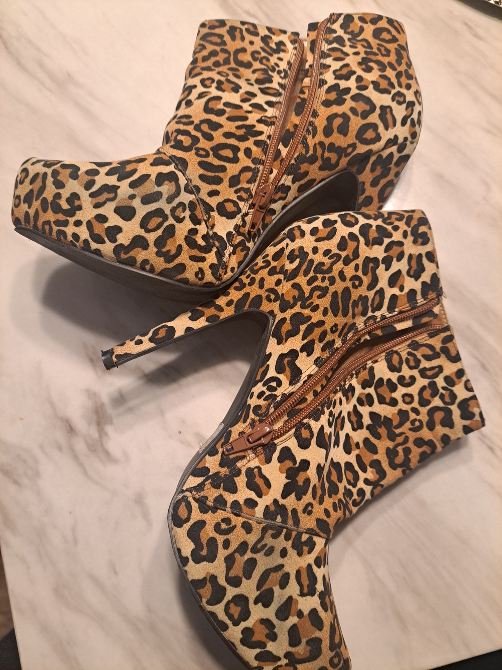 Leopard Print High Heel Ankle Boots - Brown